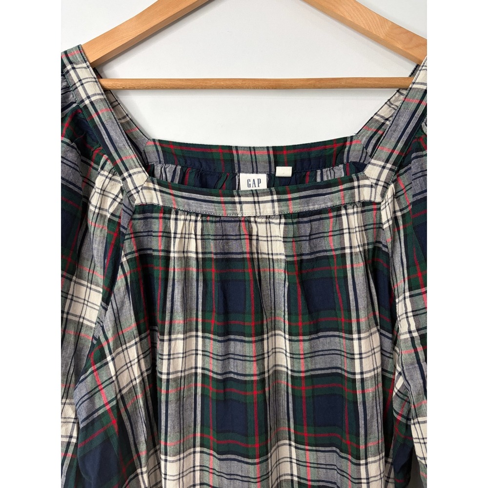 Gap Womens Blouse Top Sz Navy GreenTartan Plaid Square Neck Preppy Old Money - Picture 2 of 7